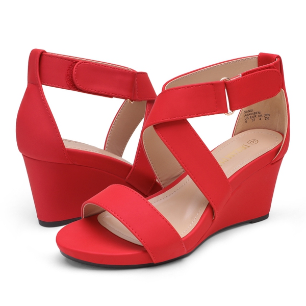 Elastic Ankle Strap Wedge Sandals - RED NUBUCK - 4